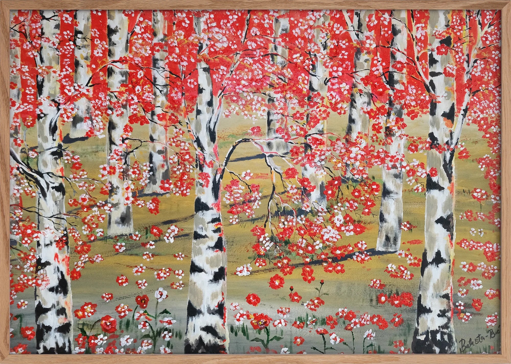 Crimson Birches by Dragica Buco — natural wood framed art print
