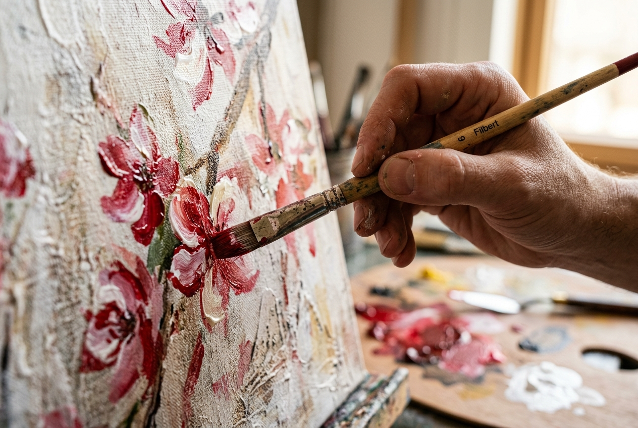 Hand painting blossoms in the studio