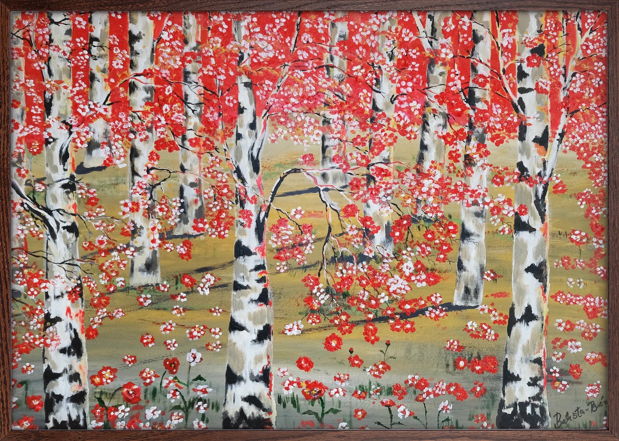 Crimson Birches by Dragica Buco — dark wood framed art print