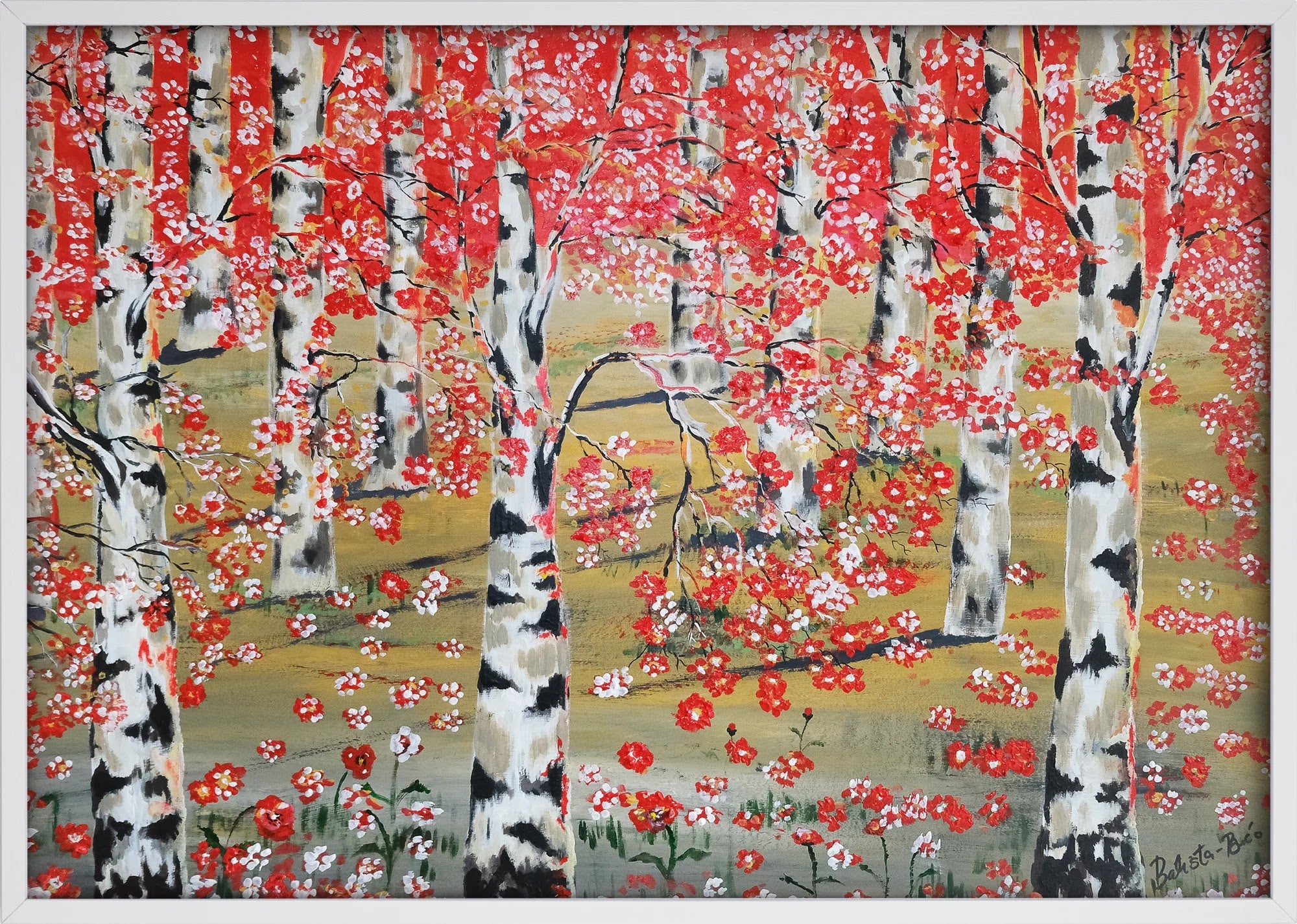 Crimson Birches by Dragica Buco — white wood framed art print